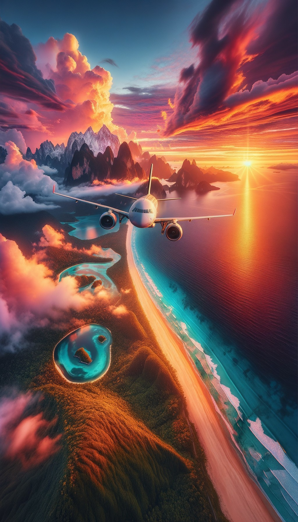 Aerial View of Plane Over Turquoise Lagoons and Beaches