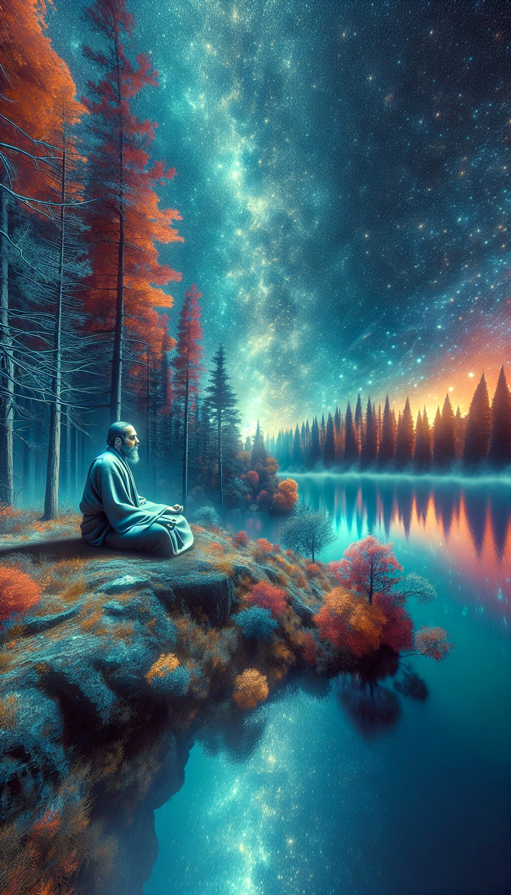 Peaceful Figure by Tranquil Lake in Autumn Foliage