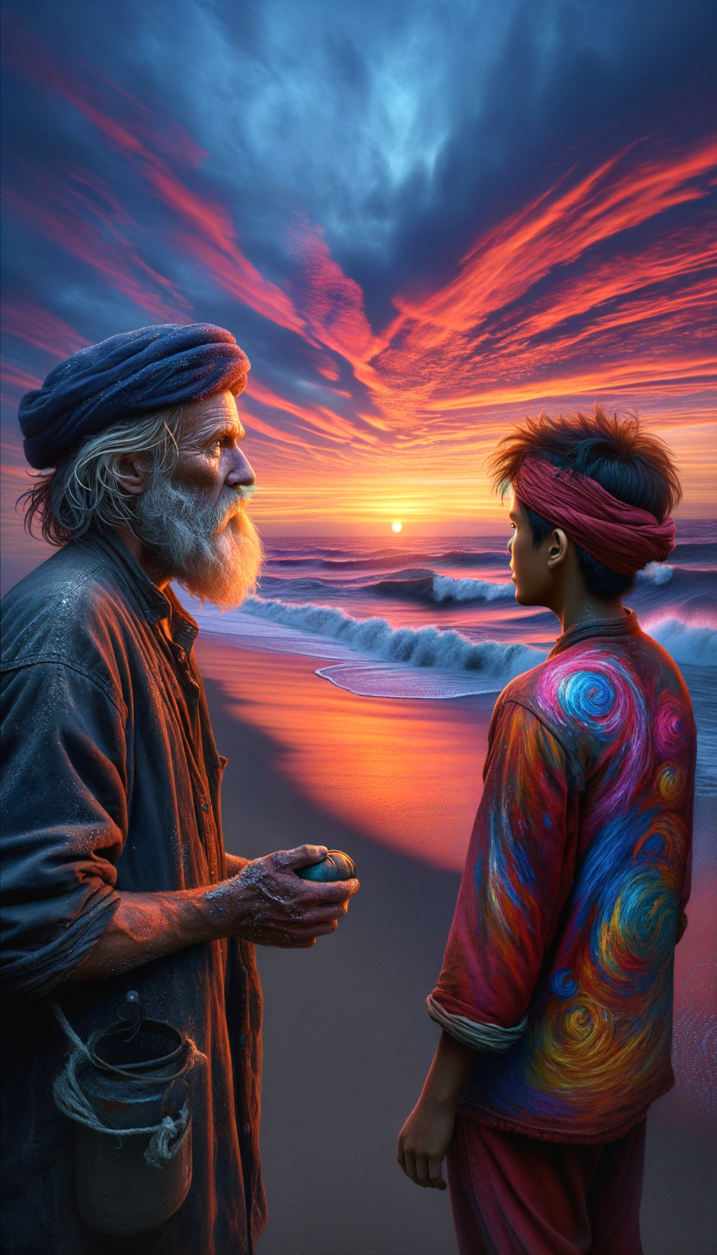 Old Man and Boy Watching Sunset on Sandy Beach