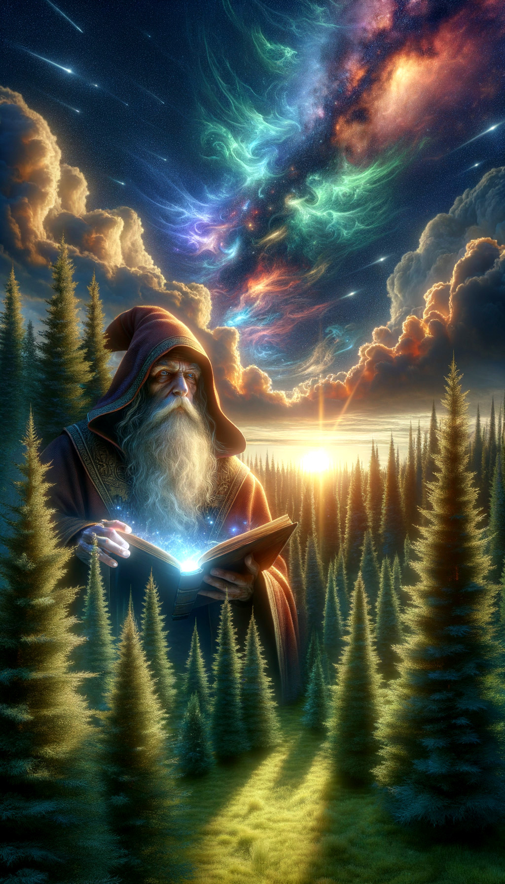 Wizard with long beard reading glowing book in forest at sunset