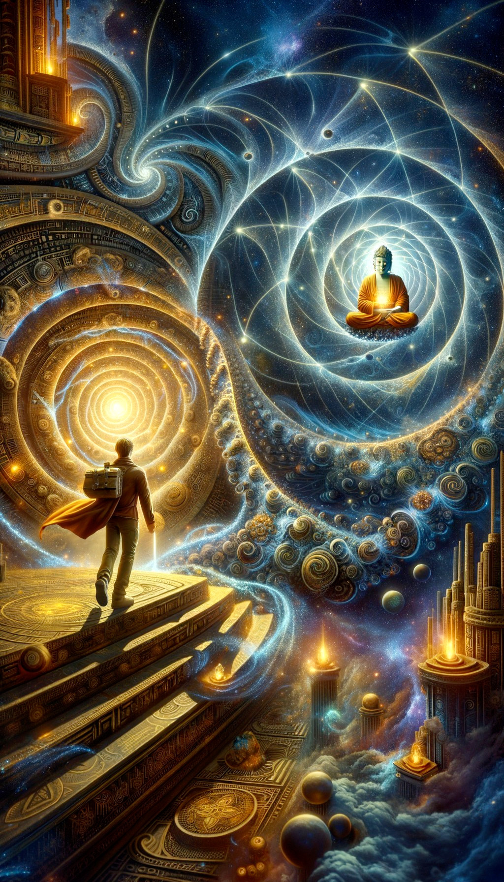 Cosmic Spiral Staircase with Meditative Buddha
