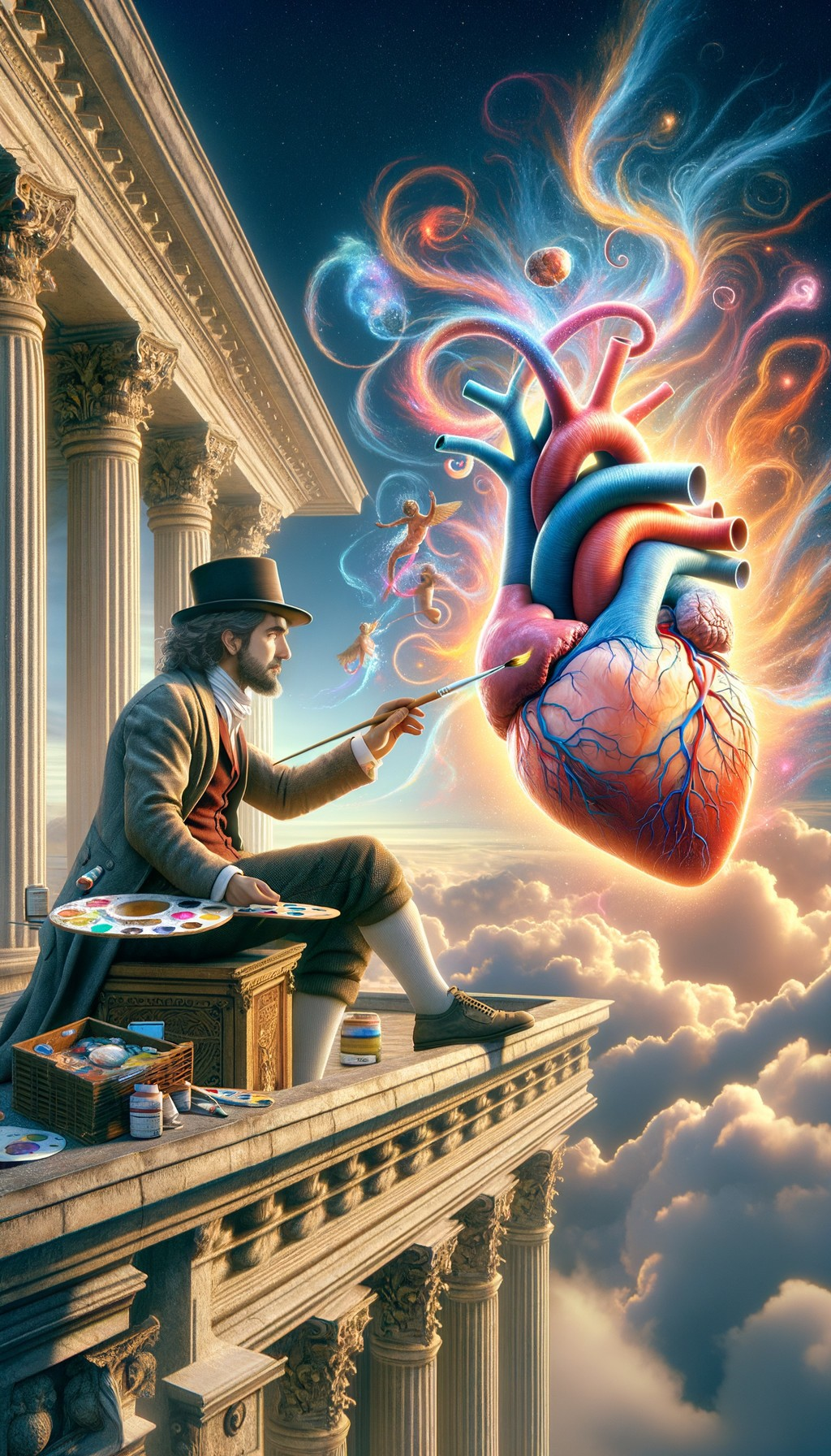 Surreal Scene of Man Painting Vibrant Heart in Clouds