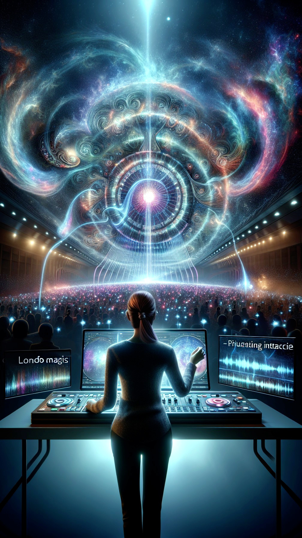 Futuristic DJ Amidst Cosmic Visuals and Vibrant Crowd