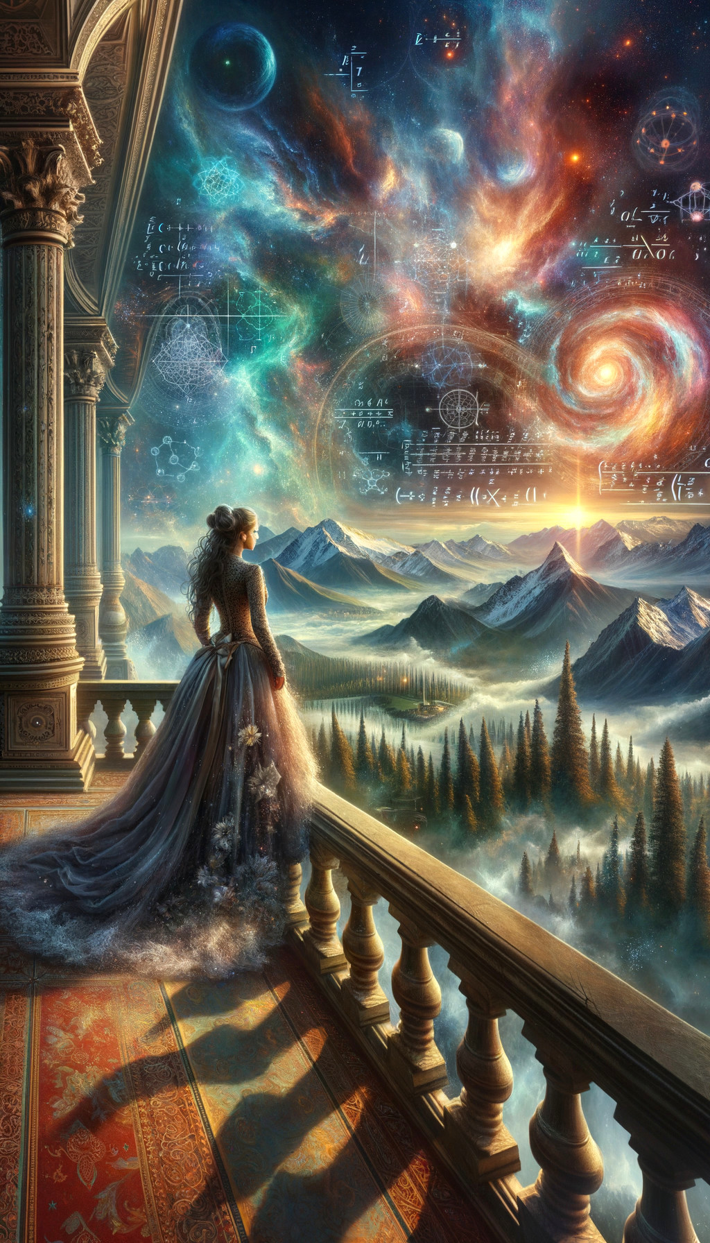 Woman in flowing gown on balcony overlooking mountains