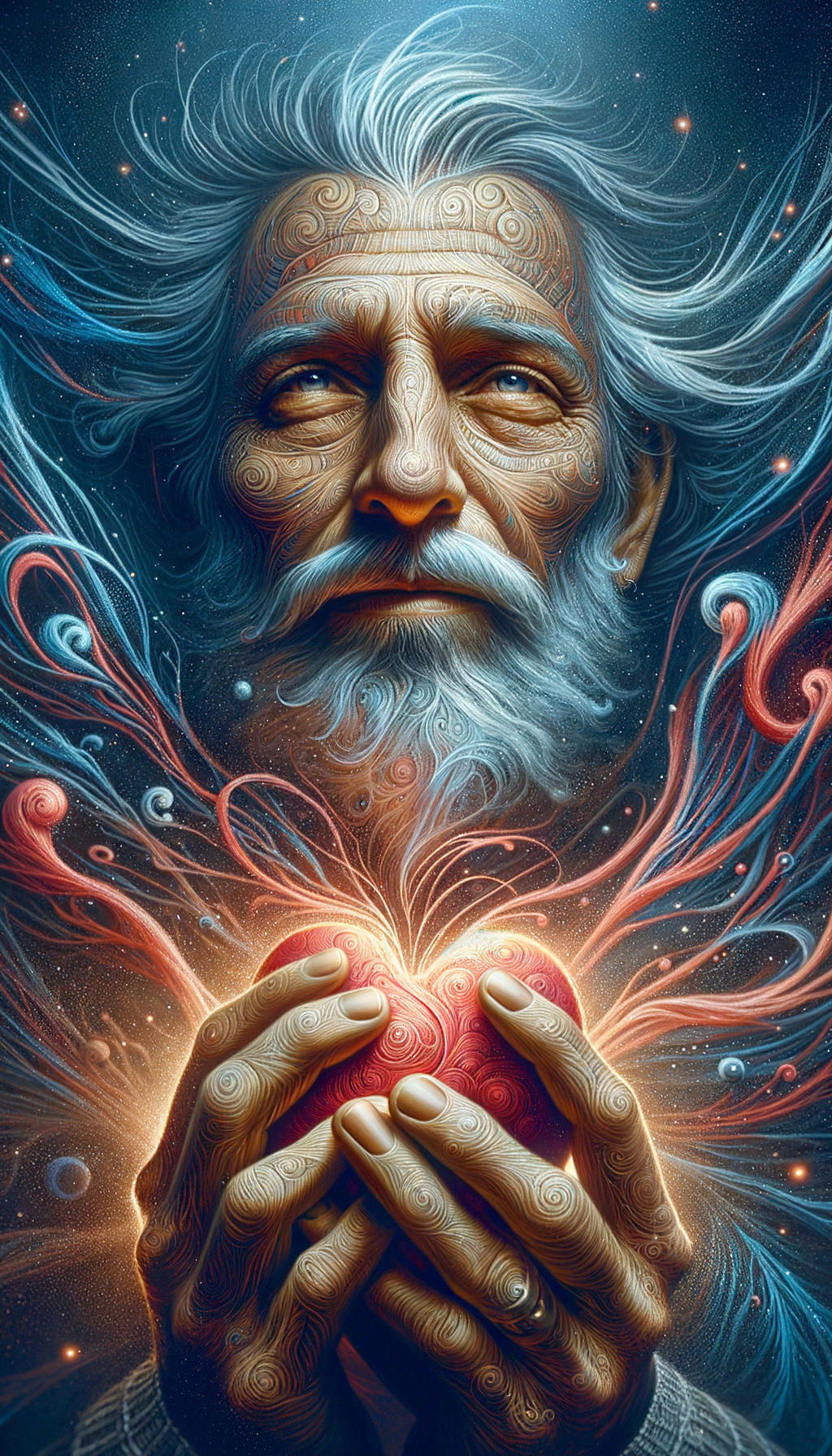 Elderly Man Holding Glowing Heart in Cosmic Scene