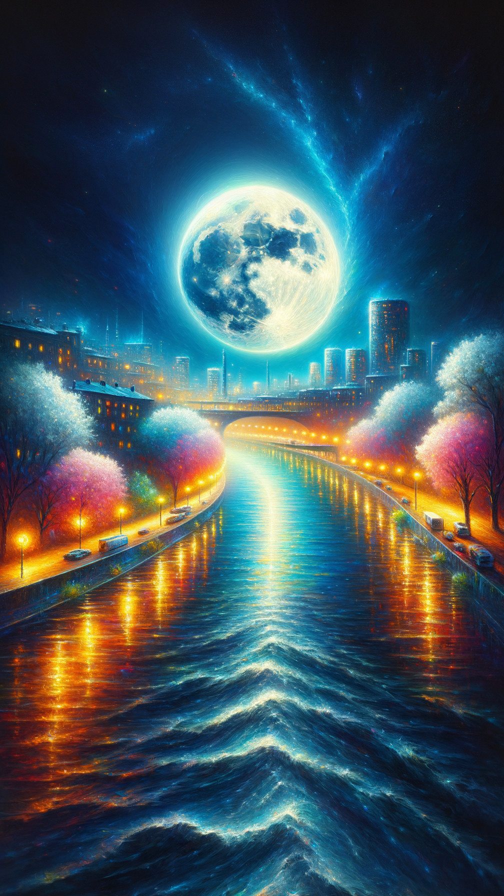 Serene Night Scene of River and City Skyline