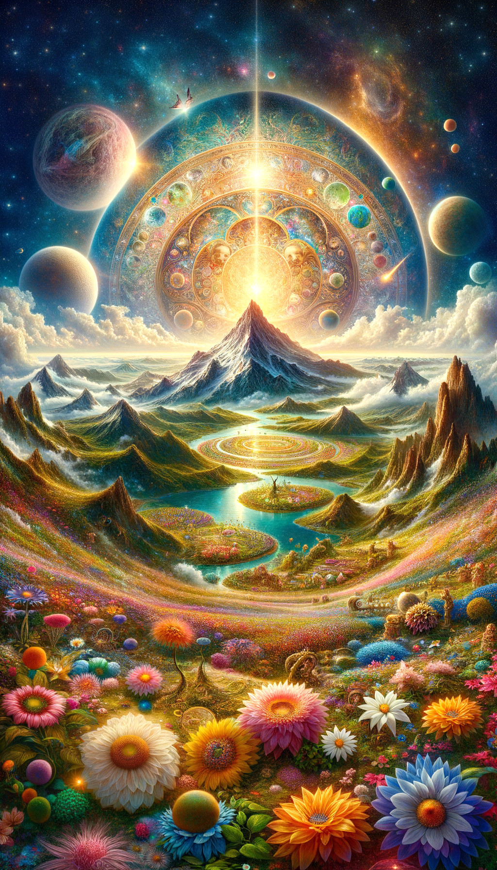 Vibrant Flowers and Cosmic Sky in Surreal Landscape