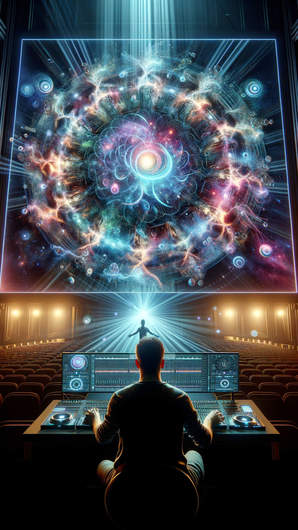 Futuristic Auditorium with Cosmic Display and Control Panel