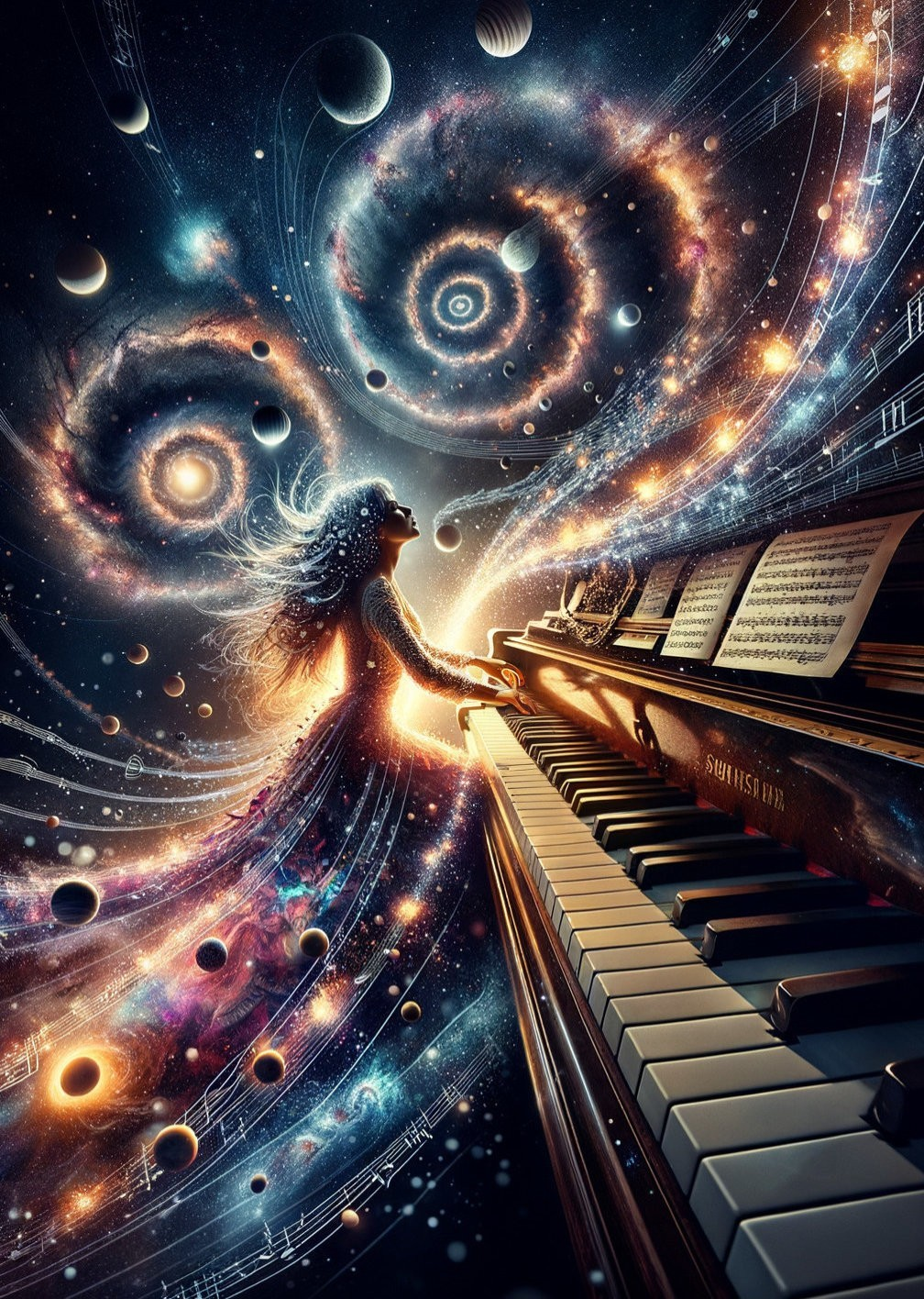 Woman at Grand Piano in Cosmic Landscape