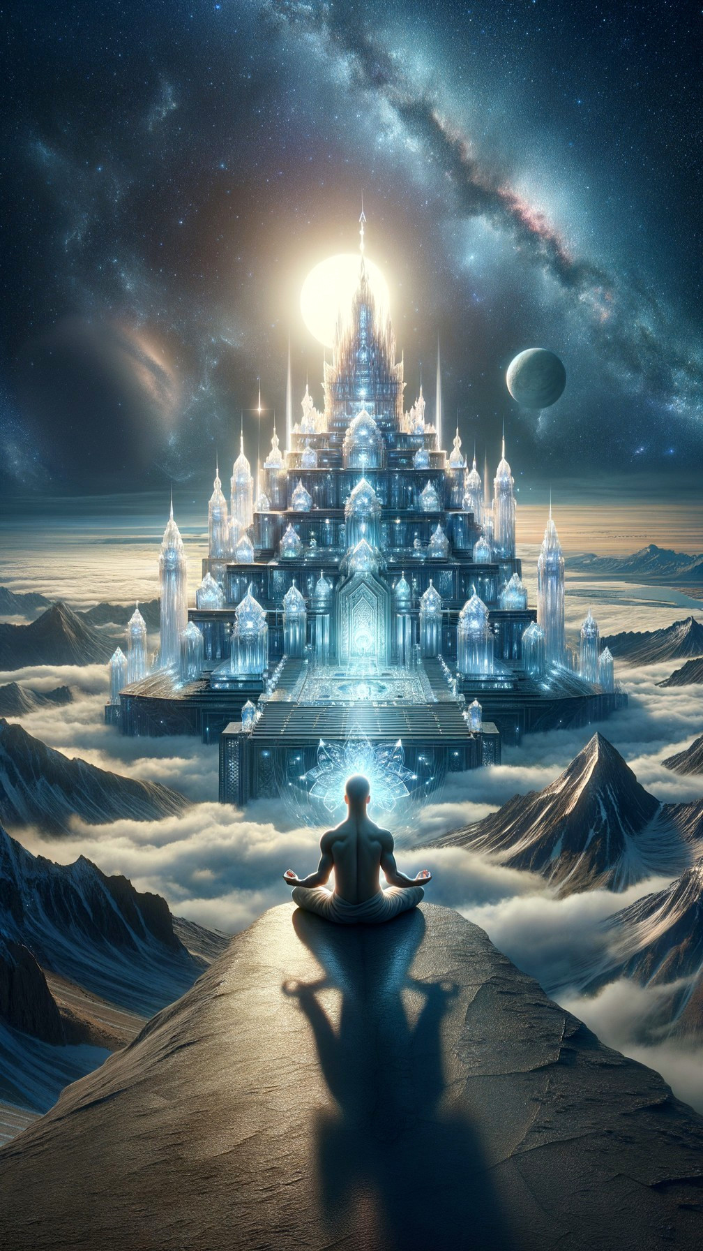 Meditative Figure Overlooking Ethereal Palace and Cosmos