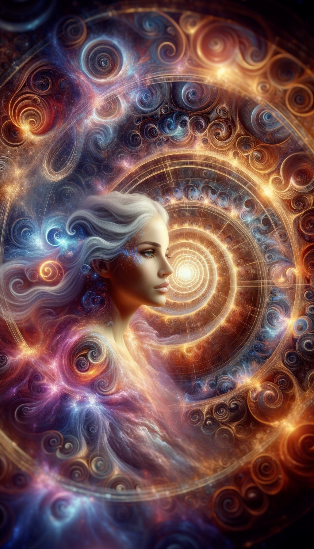 Ethereal Cosmic Figure with Vibrant Color Spirals