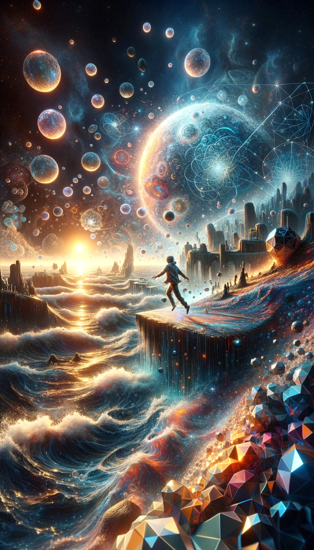 Surreal Cosmic Landscape with Vibrant Sunset and Spheres