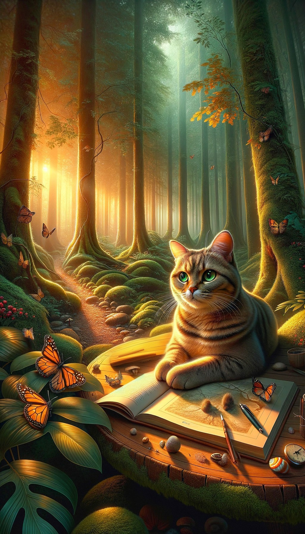 Mystical Forest Scene with Cat and Butterflies