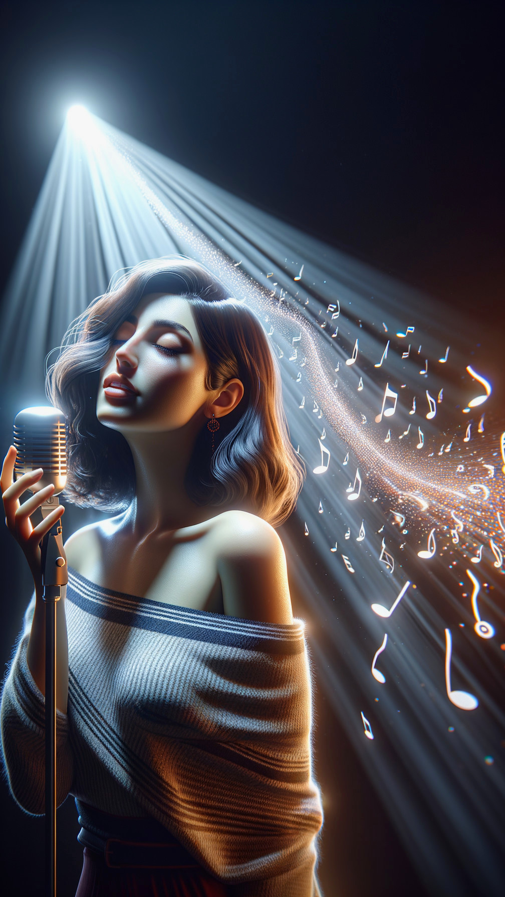 Female singer with vintage microphone in spotlight