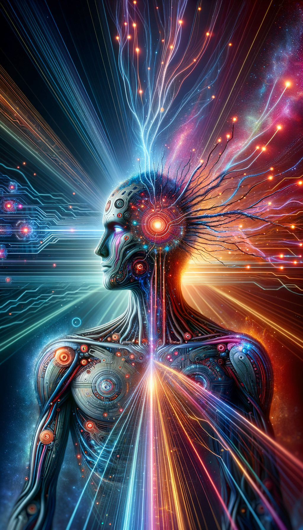 Cybernetic Human Figure with Cosmic Background