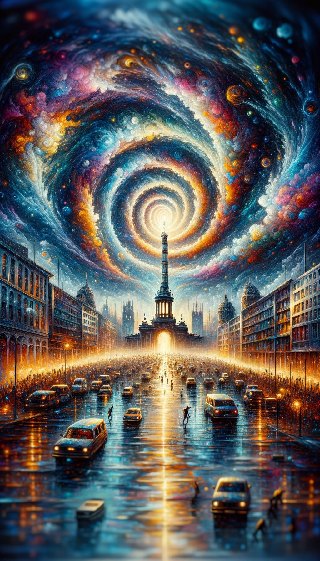 City Street Scene with Cosmic Galaxies Above