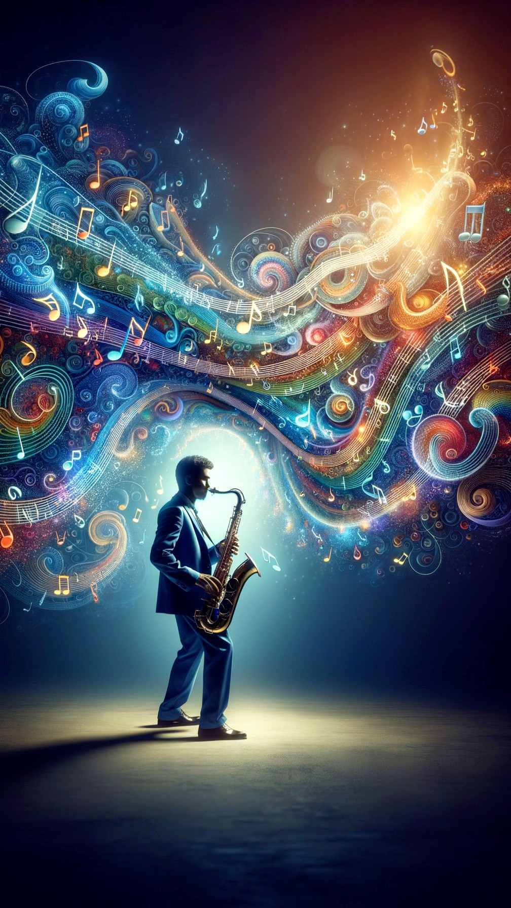 Silhouetted Saxophonist with Colorful Musical Backdrop