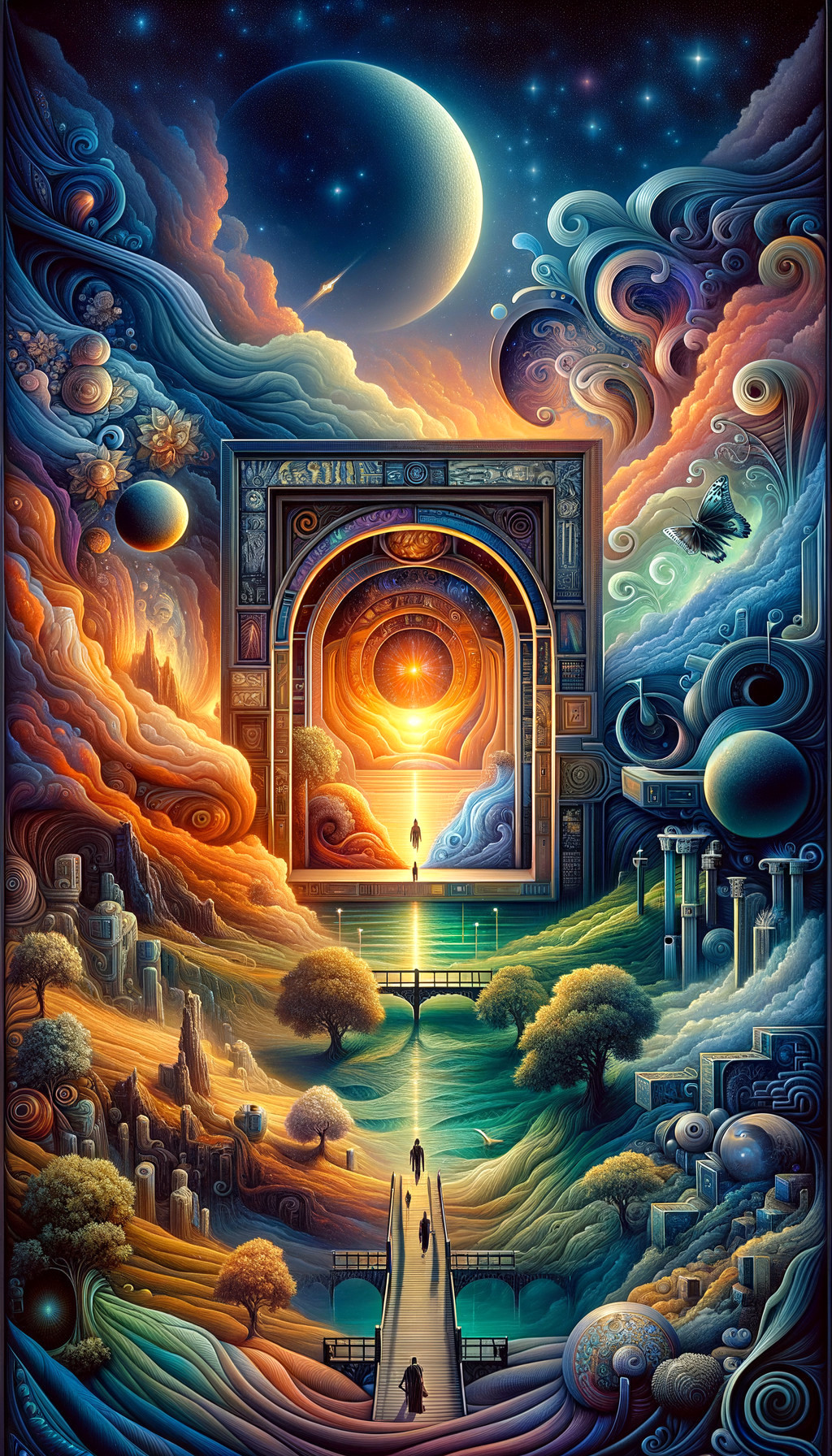 Surreal Landscape with Colorful Clouds and Archway