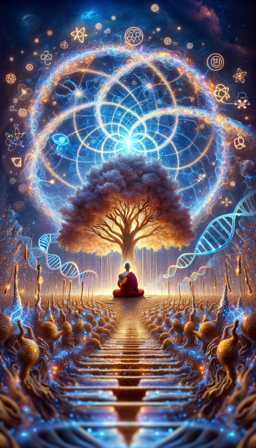 Meditative Figure Beneath Glowing Tree and Symbols