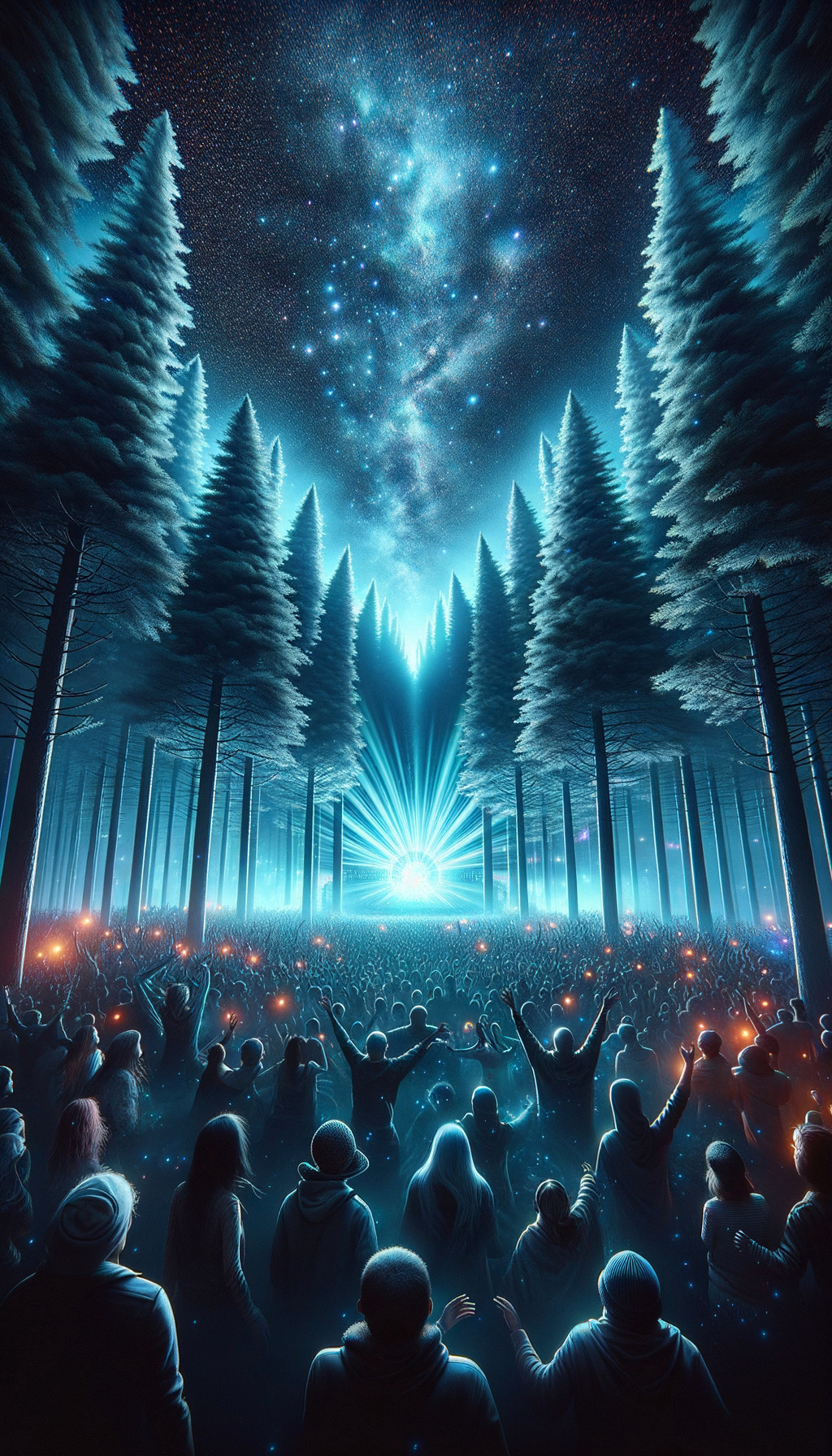 Vibrant Forest Gathering Under Starry Night Sky