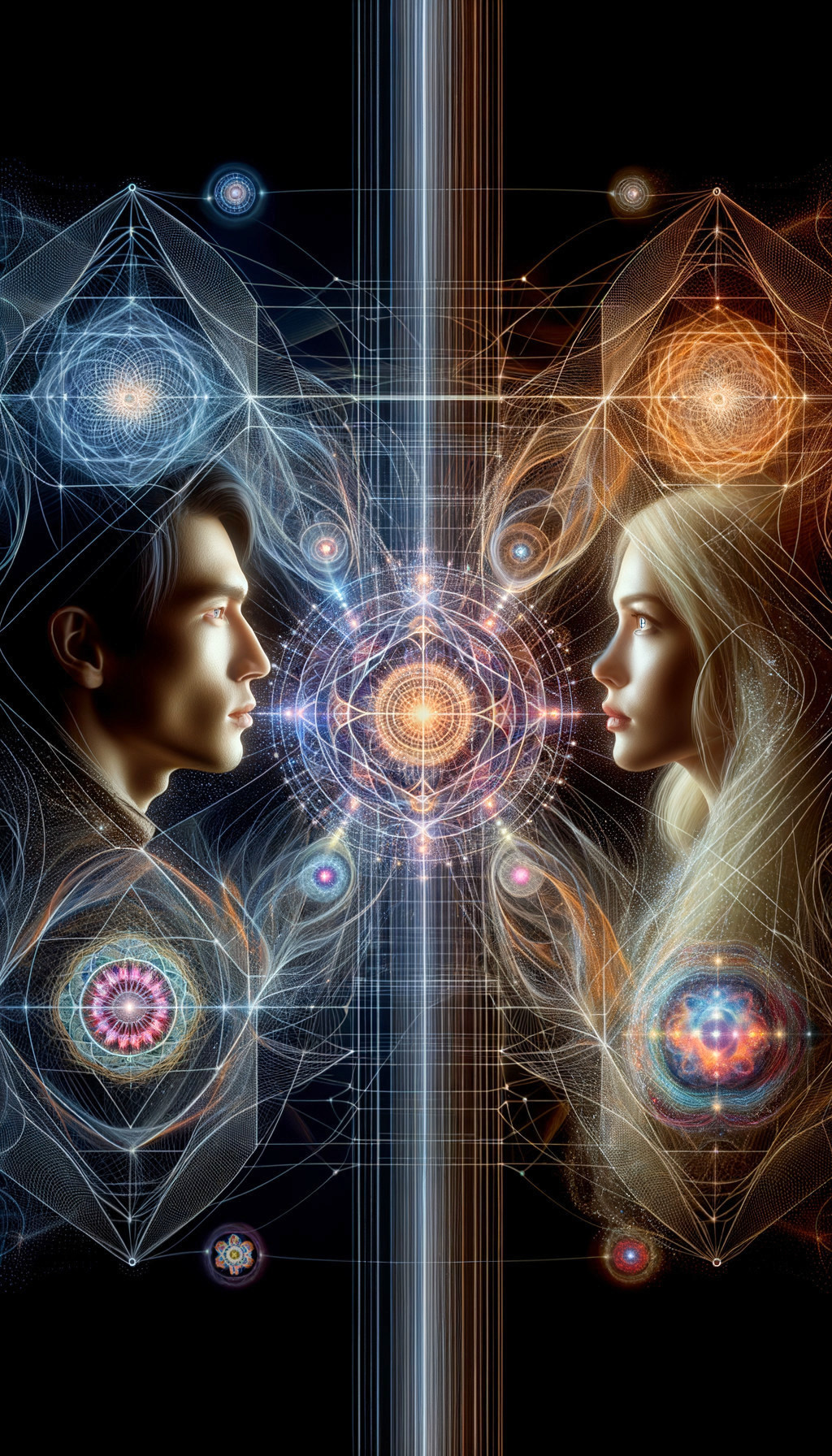 Ethereal Scene of Two Faces with Geometric Patterns