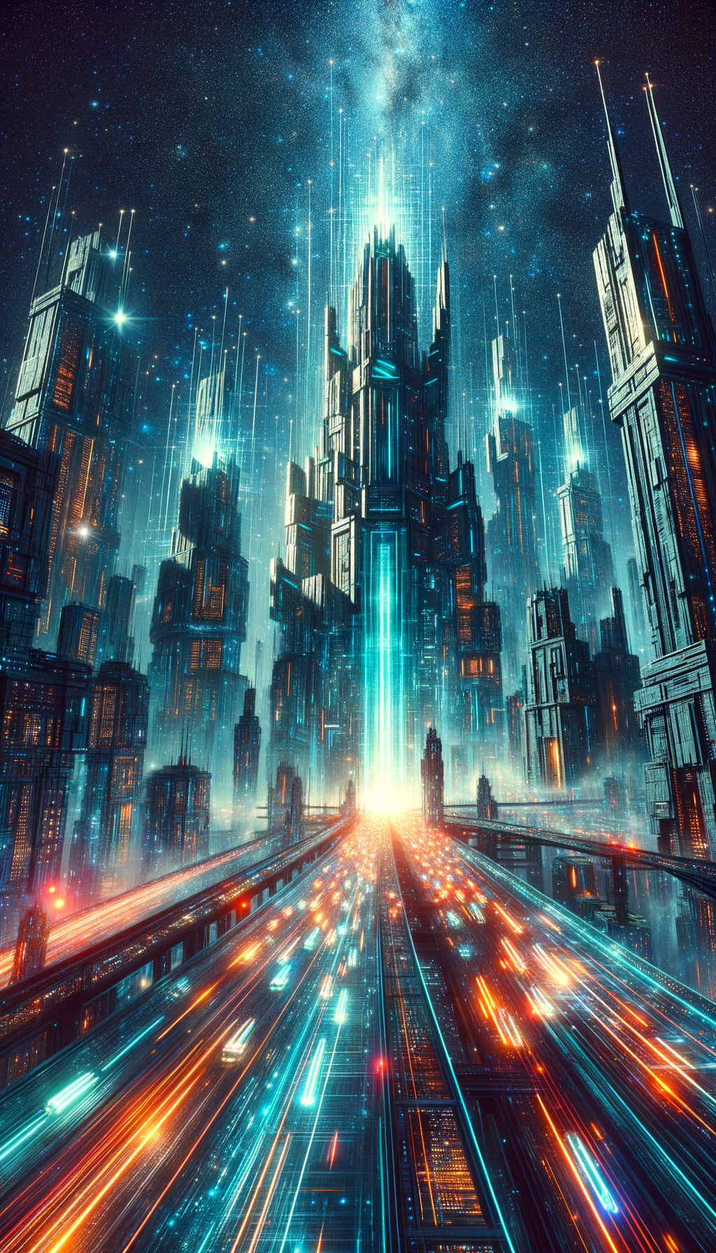 Futuristic cityscape with neon lights and skyscrapers
