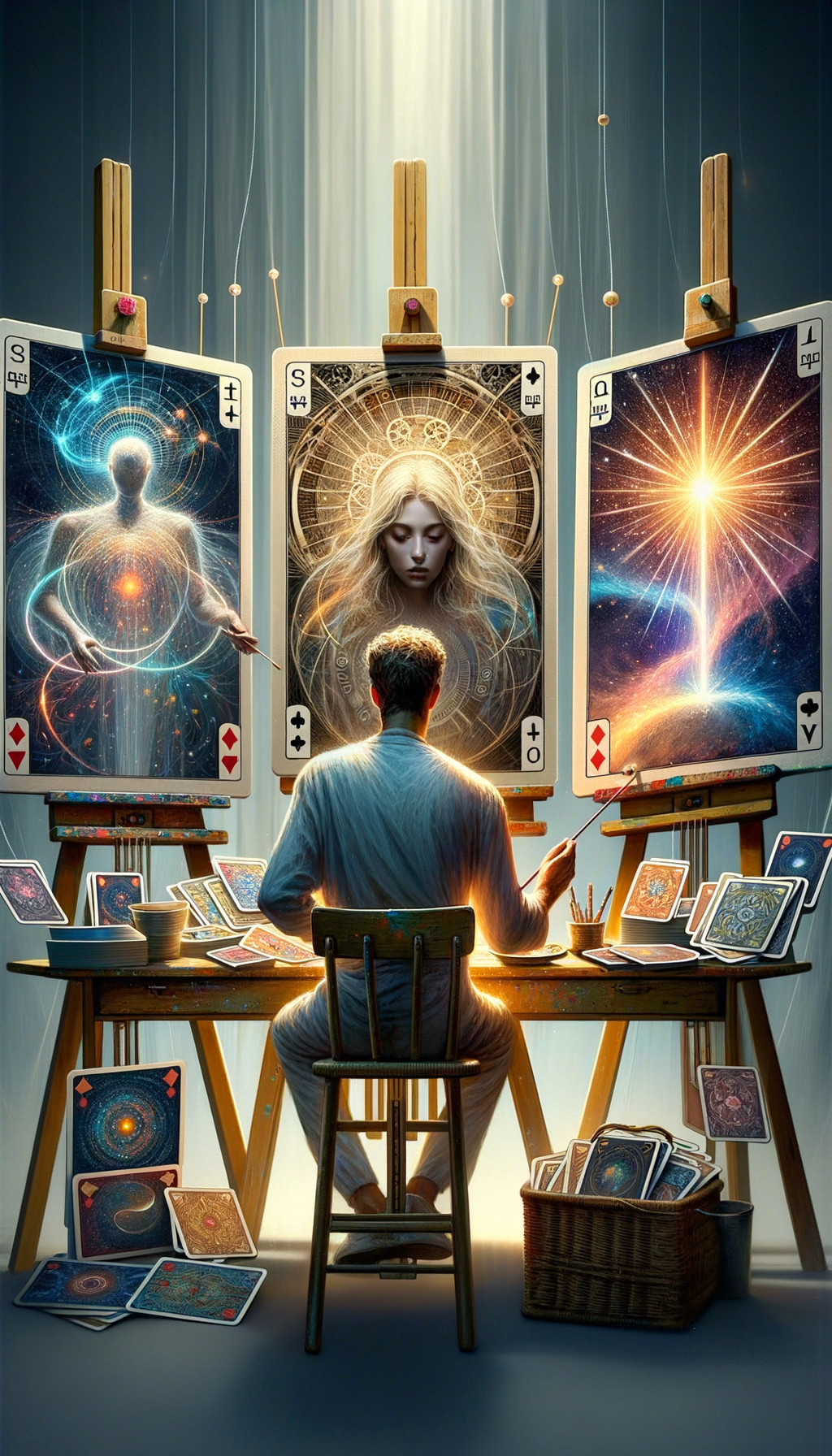 Serene Artist with Mystical Canvases and Tarot Cards