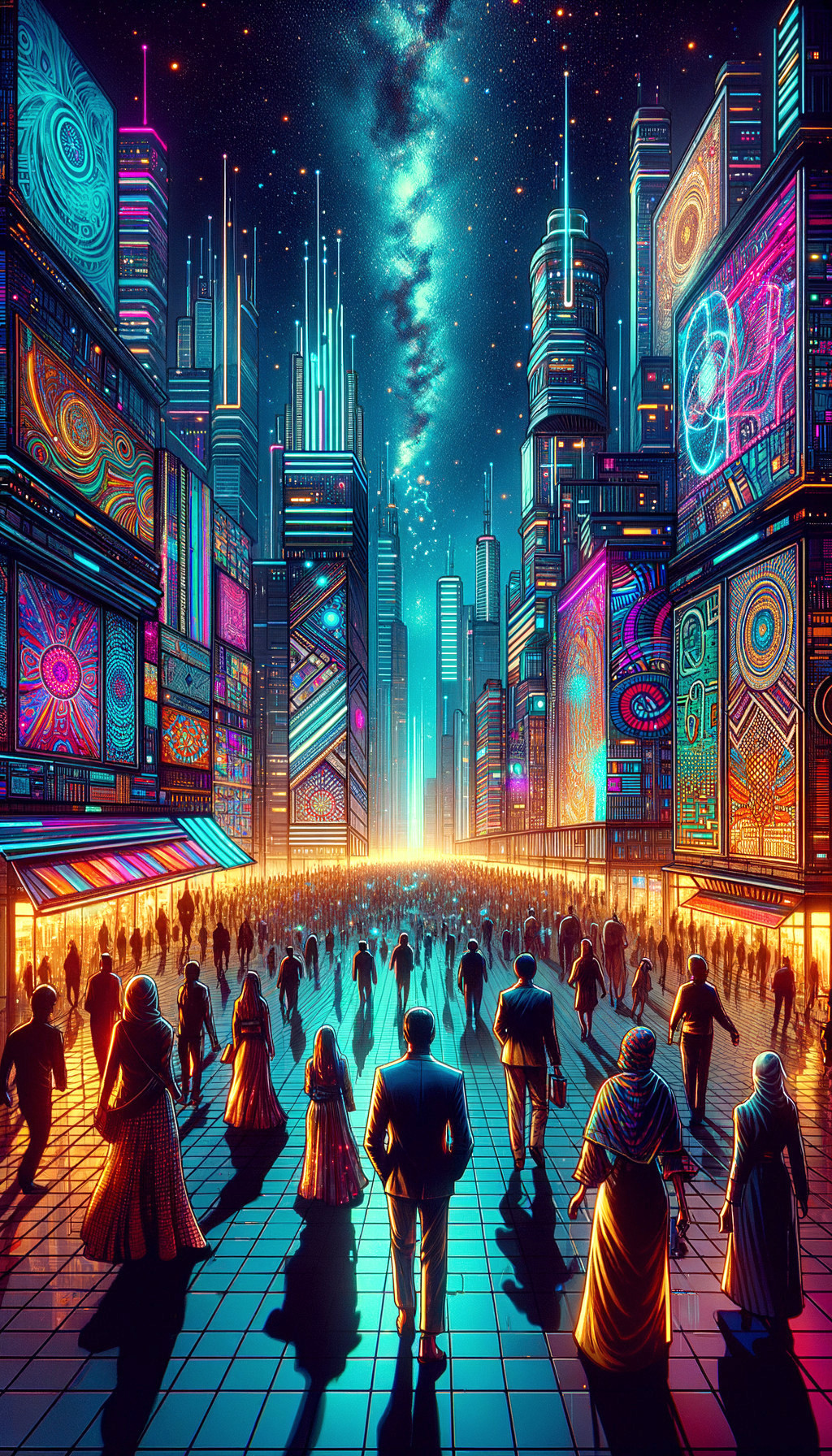 Futuristic cityscape with neon lights and skyscrapers