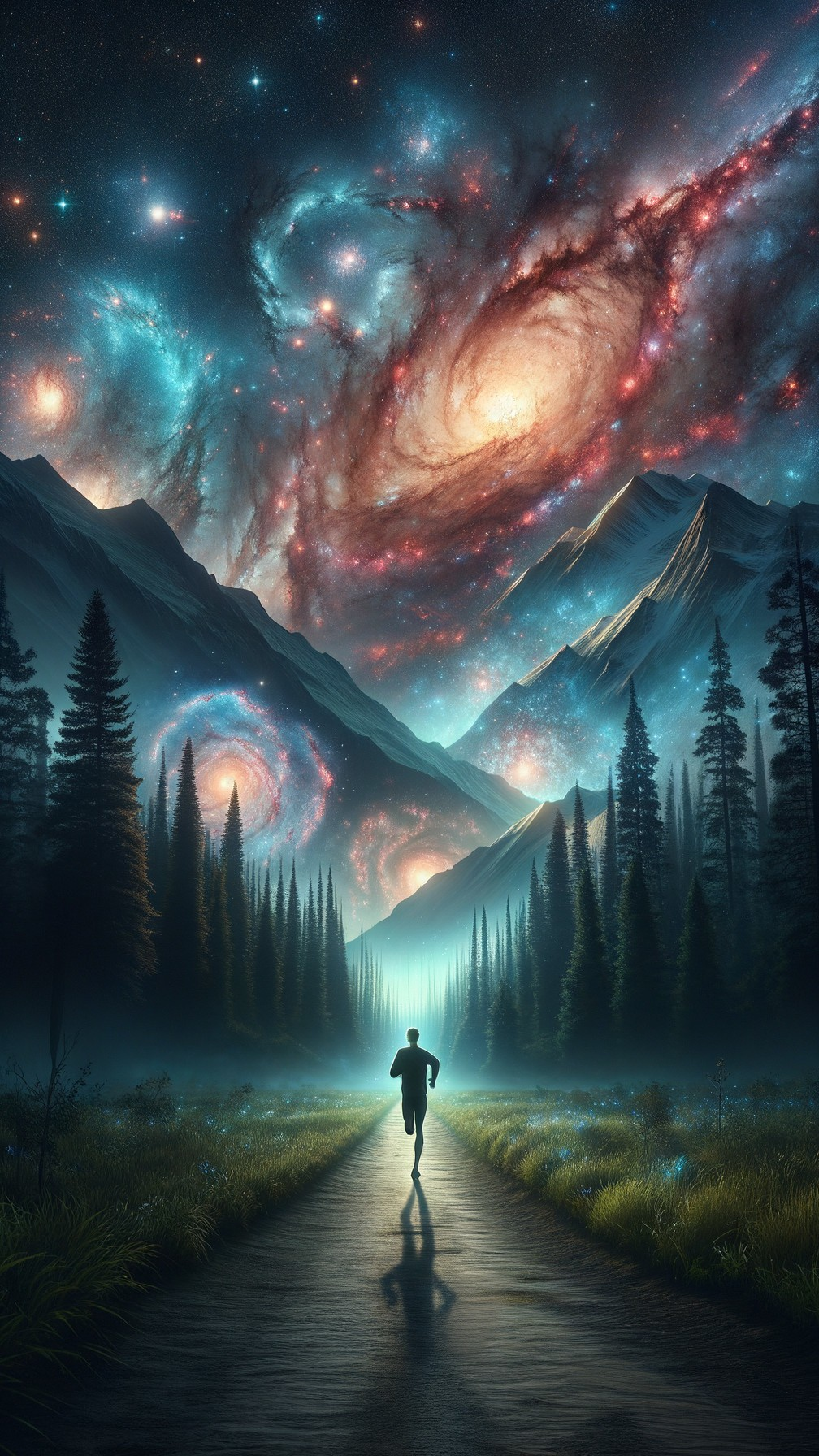 Lone Figure on Winding Path Under Cosmic Sky