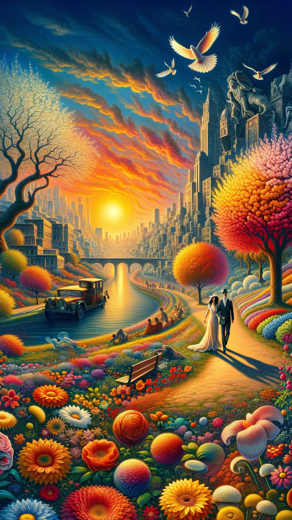 Couple Walking on Flower-Lined Path at Sunset