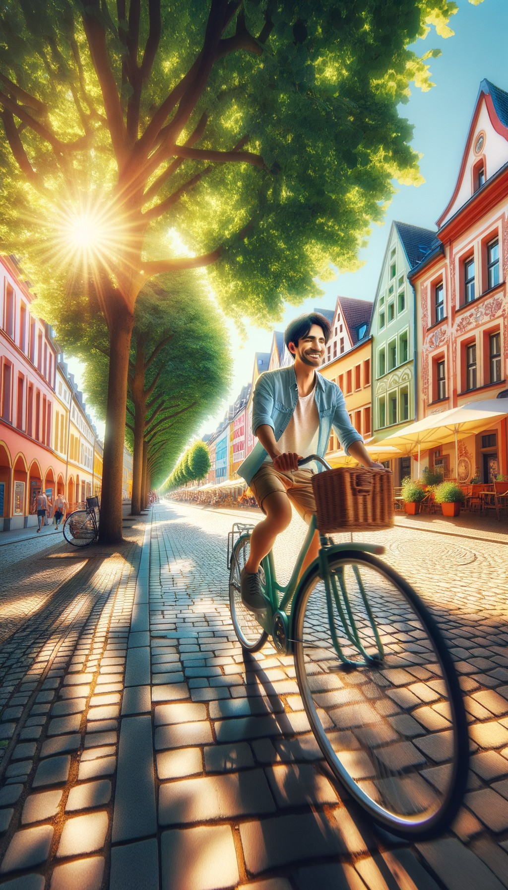 Cheerful Bicycle Ride on Charming Cobblestone Street
