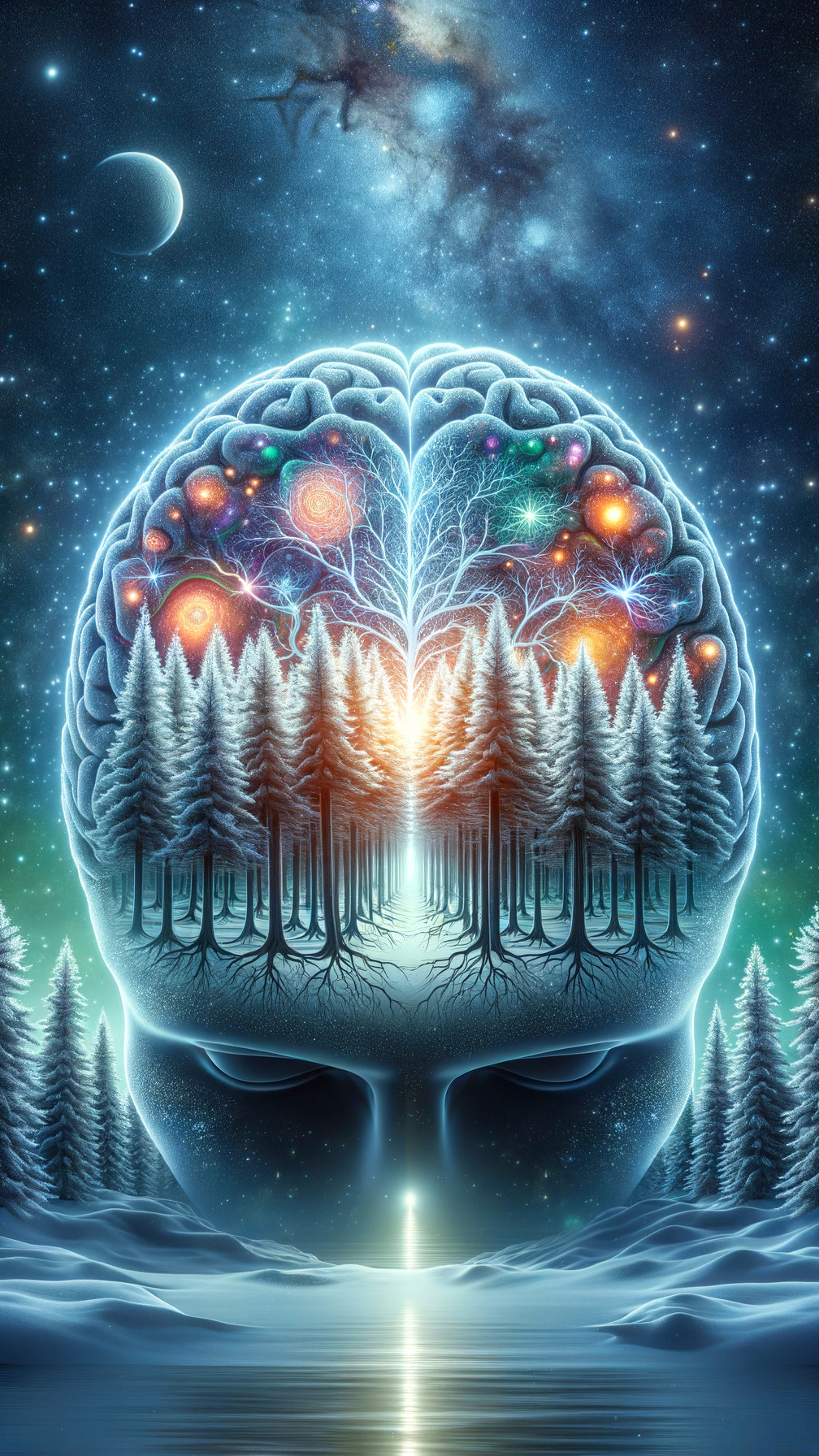 Surreal Brain with Tree Branches and Cosmic Background