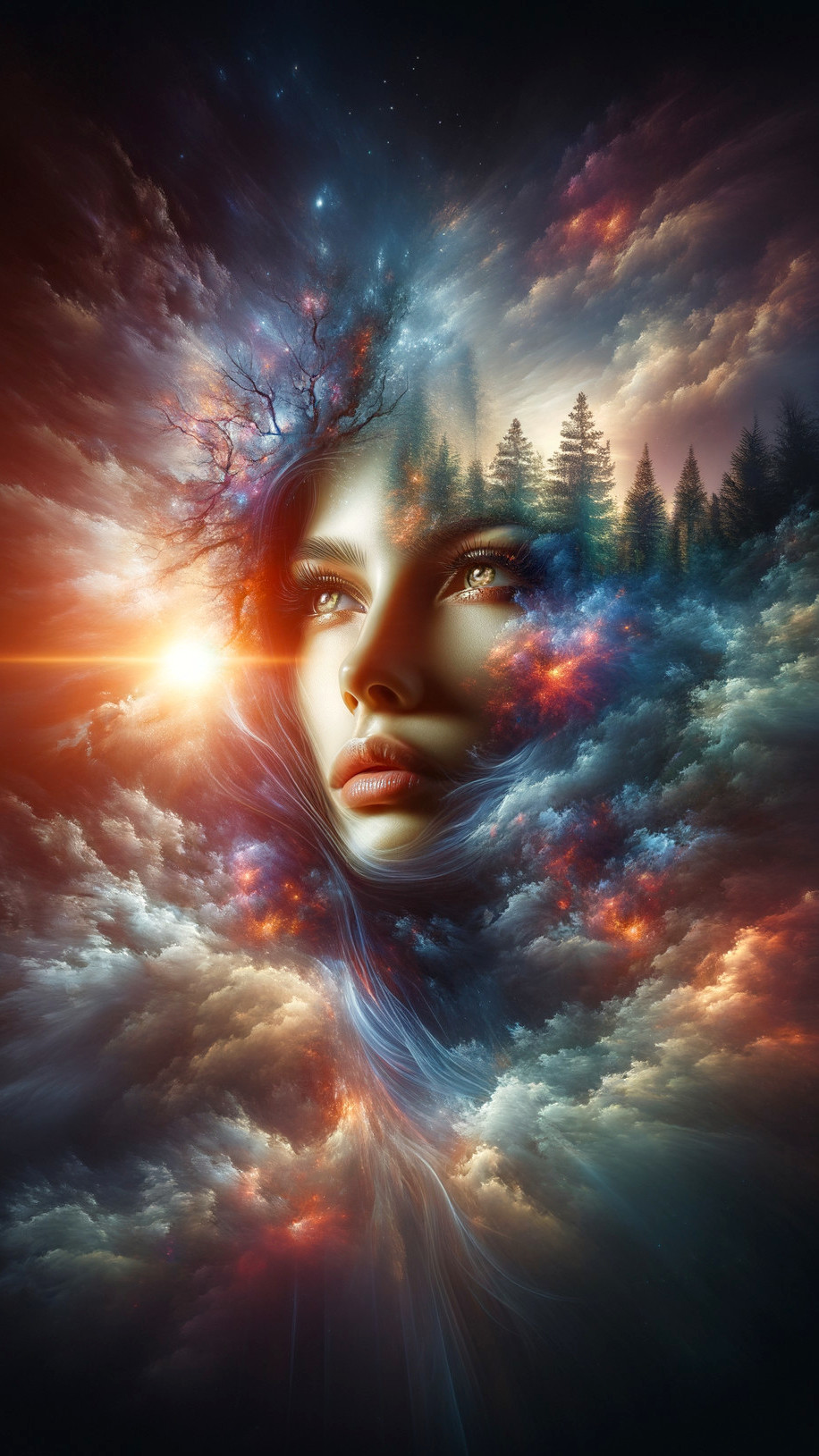 Cosmic Fusion of Woman's Face and Celestial Elements