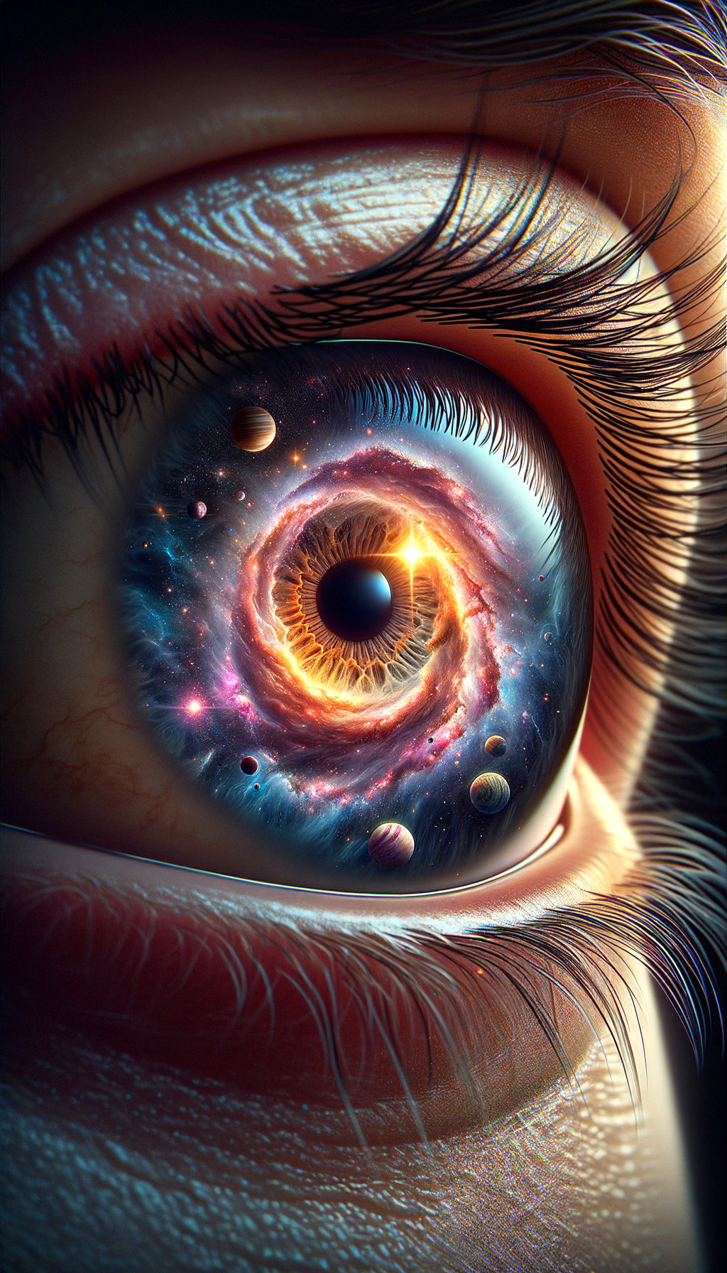 Close-Up of a Human Eye with Cosmic Elements