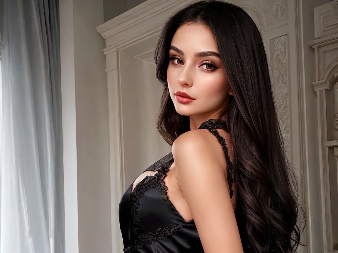 Elegant Woman in Black Dress in Softly Lit Room