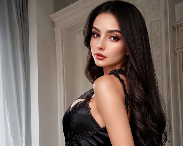 Elegant Woman in Black Dress in Softly Lit Room