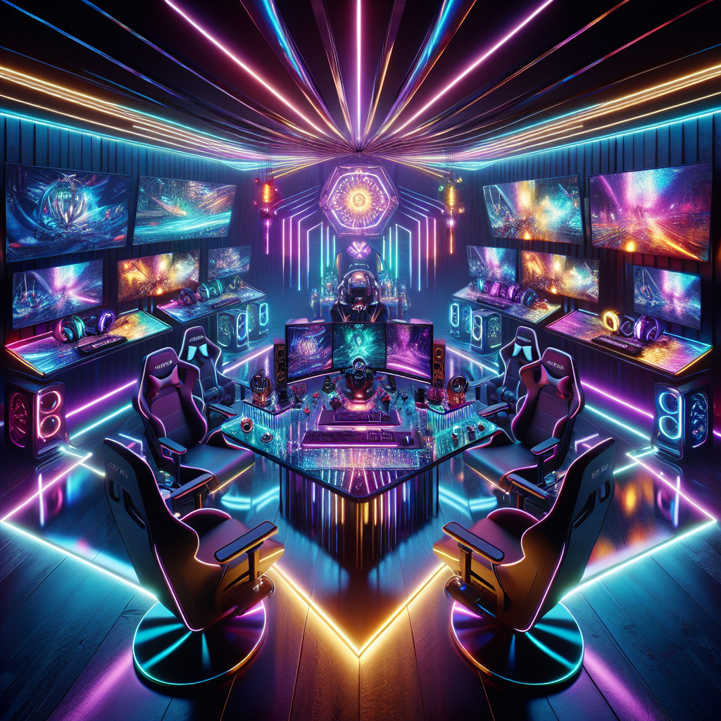 Futuristic gaming setup with multiple monitors and neon lights