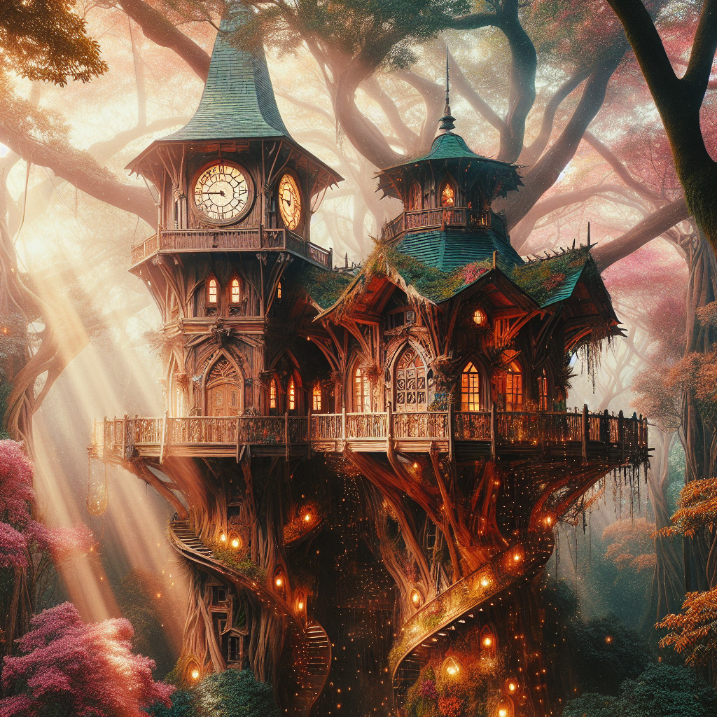 Whimsical Treehouse in an Enchanted Forest Setting