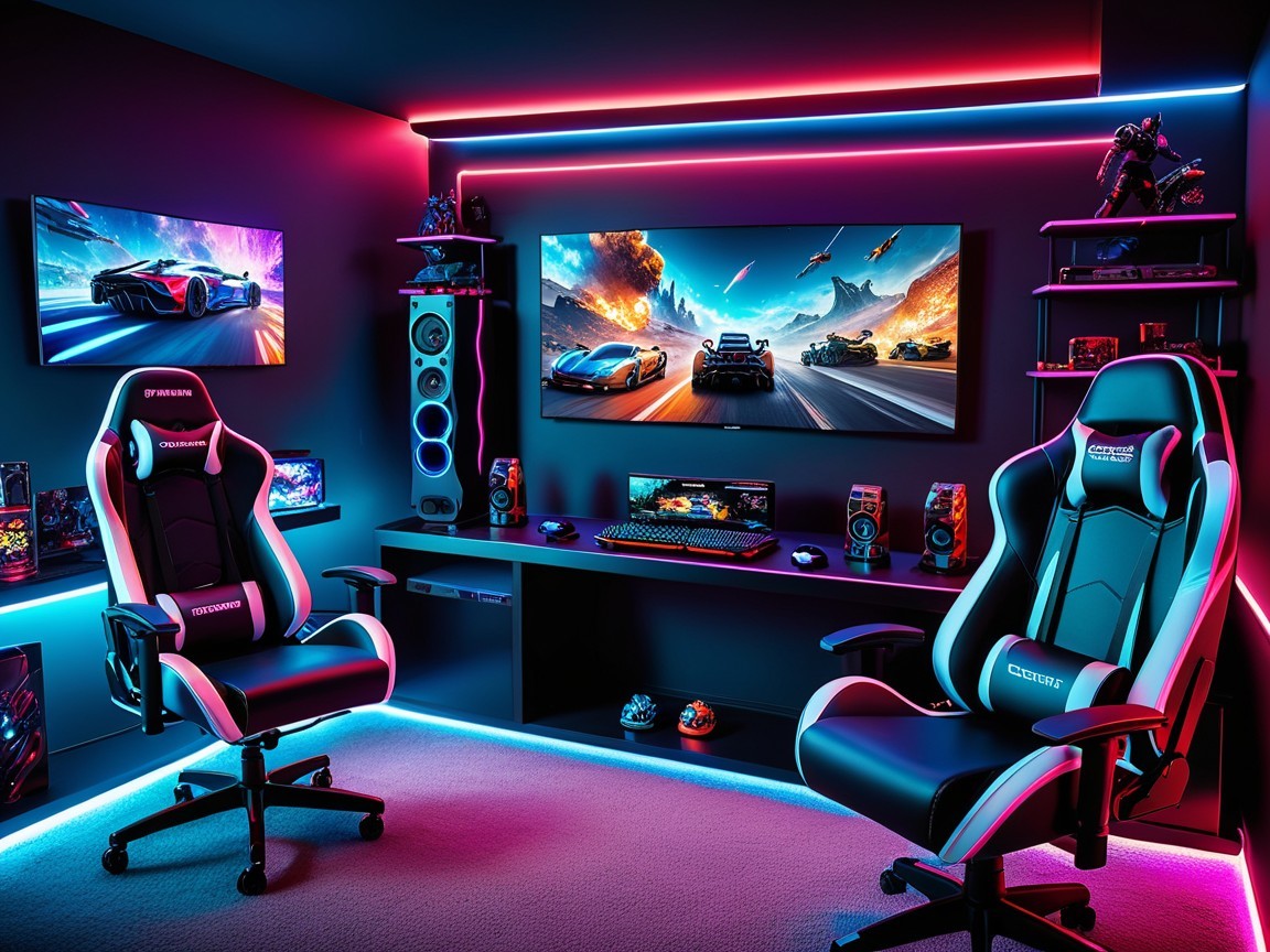 Modern Gaming Room with Neon Lighting and Ergonomic Chairs