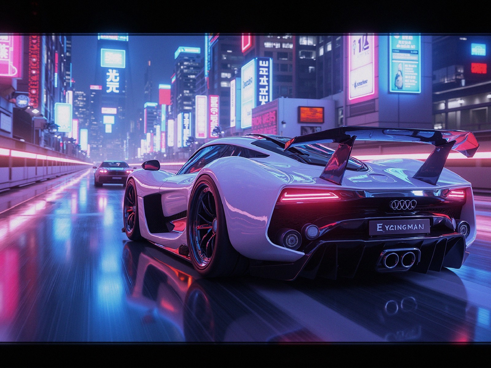 Futuristic White Sports Car in Neon Cityscape