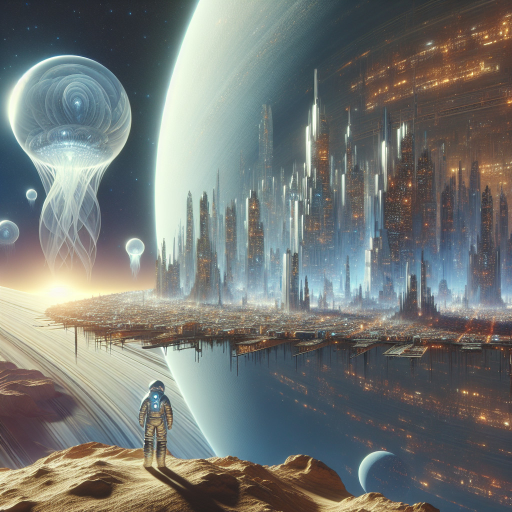 Futuristic Landscape with Astronaut and Cityscape
