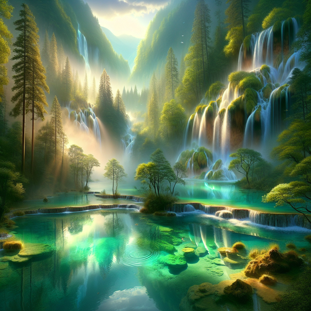 Lush Green Mountains and Cascading Waterfalls Landscape