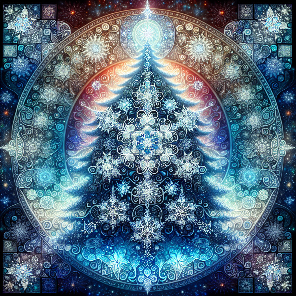Intricate Christmas Tree Design with Cosmic Backdrop