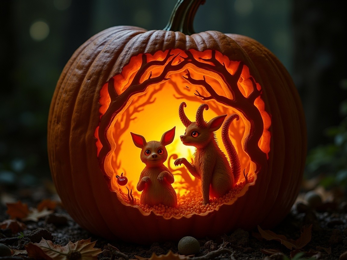 Carved Pumpkin with Whimsical Scene in Forest
