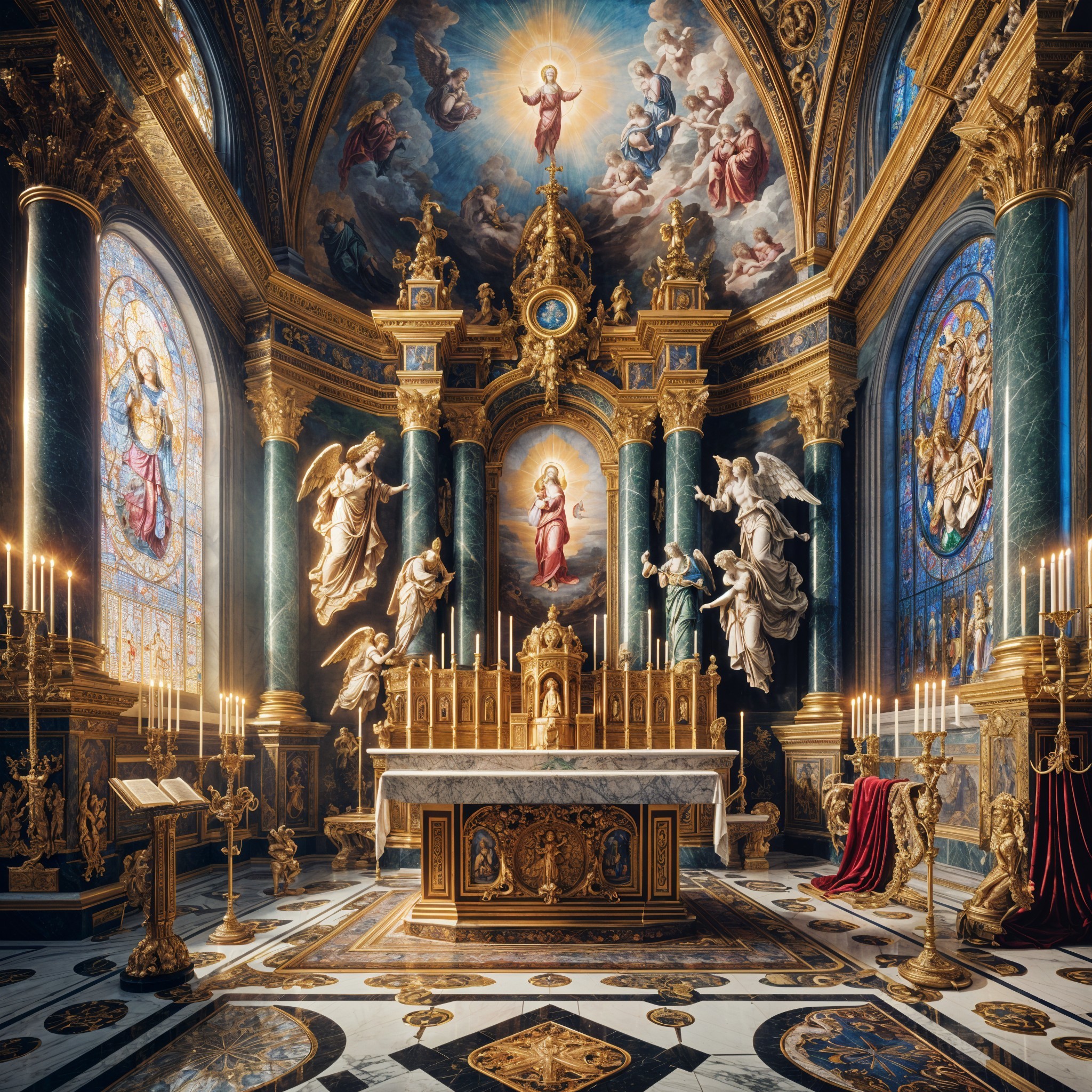 Opulent Cathedral Interior with Stained Glass and Altar
