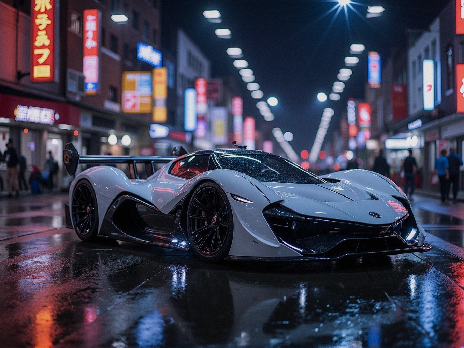 Futuristic supercar under neon lights on city street