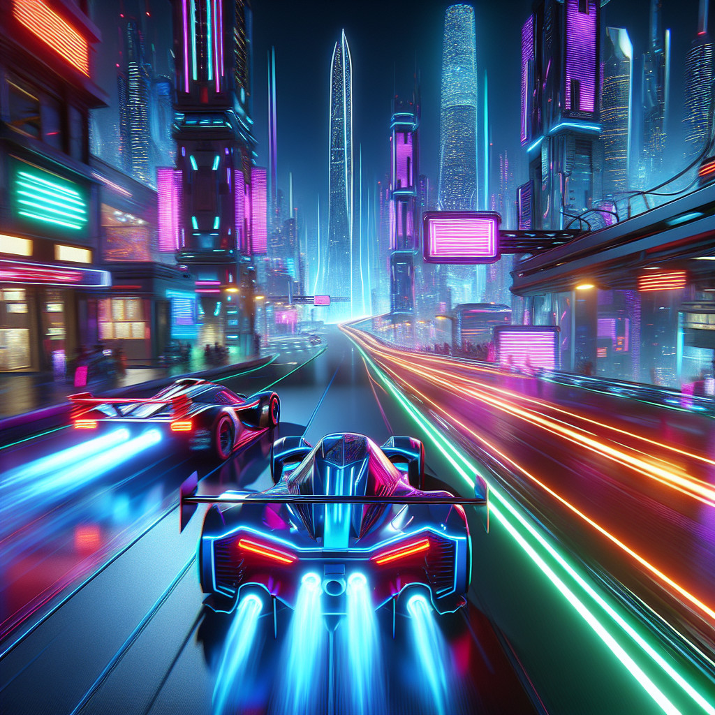 Futuristic cityscape with neon lights and racing cars