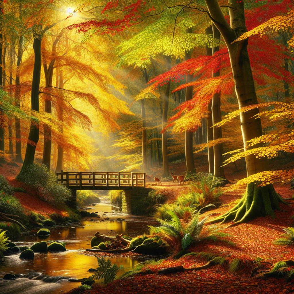 Autumn Forest Scene with Vibrant Colors and Wildlife
