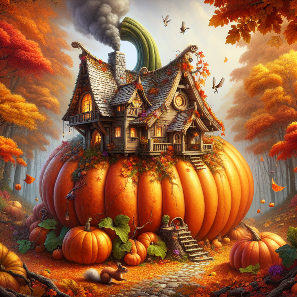 Whimsical Cottage on a Giant Pumpkin in Autumn Forest