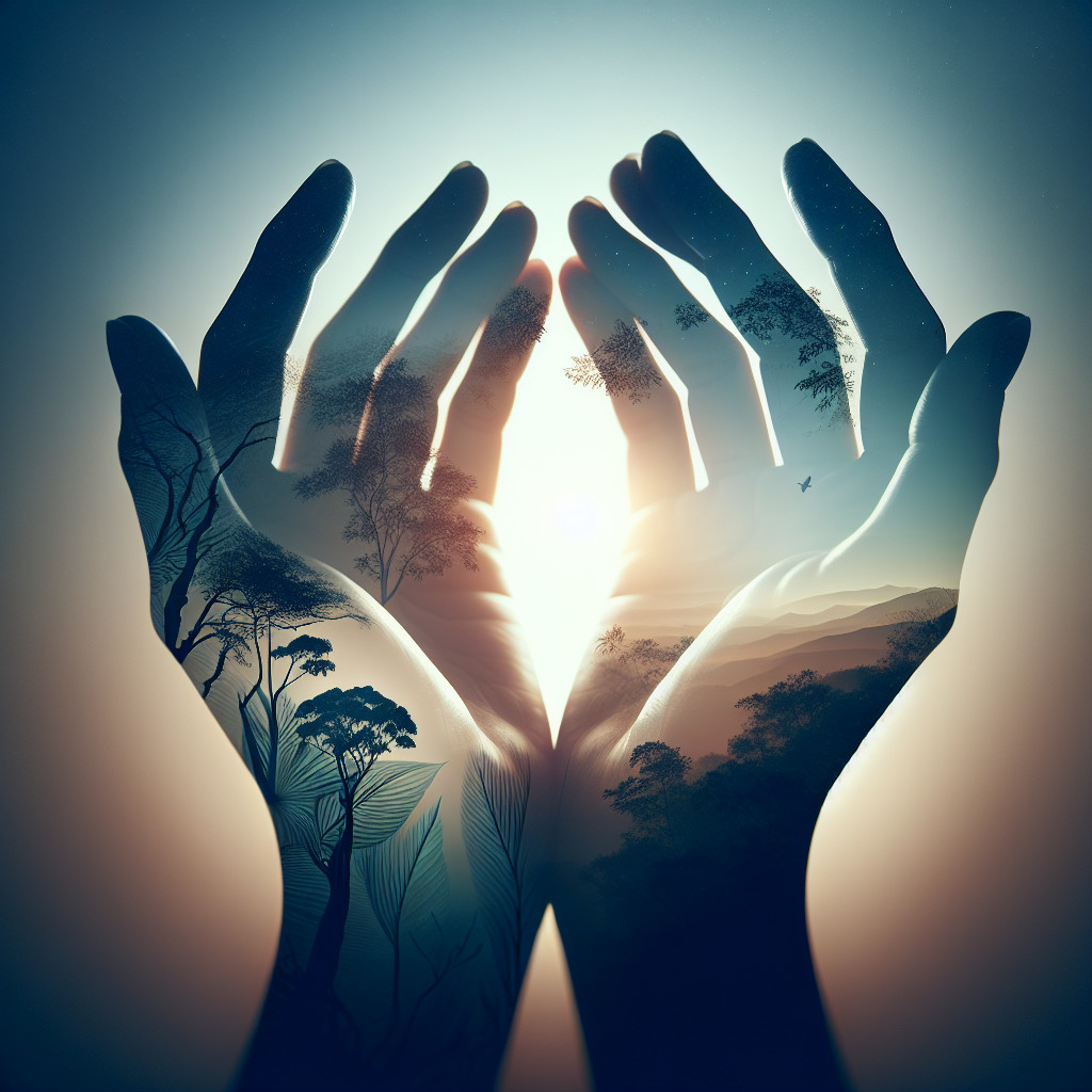 Open Hands with Nature Landscape and Sunlight